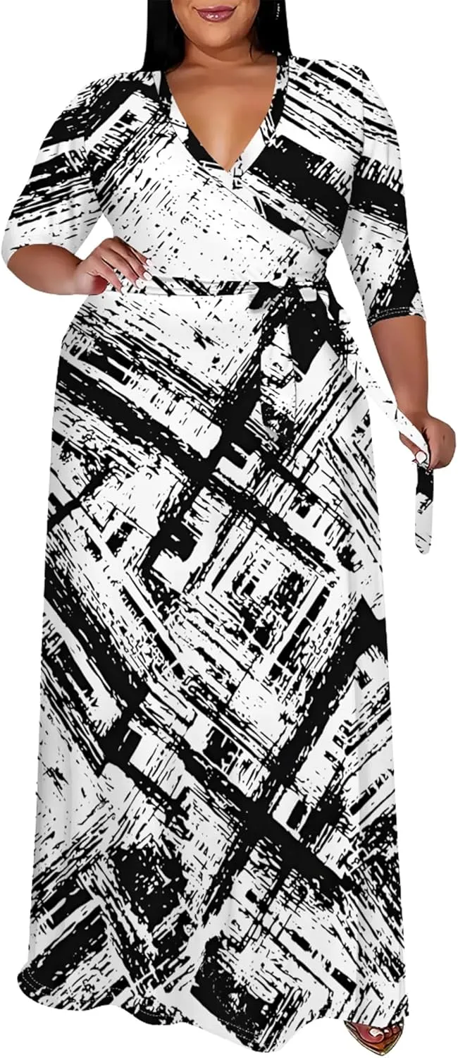 Women's Plus Size Maxi Dress Print 3/4 Sleeves V Neck Party Sundress Wedding Guest Dresses