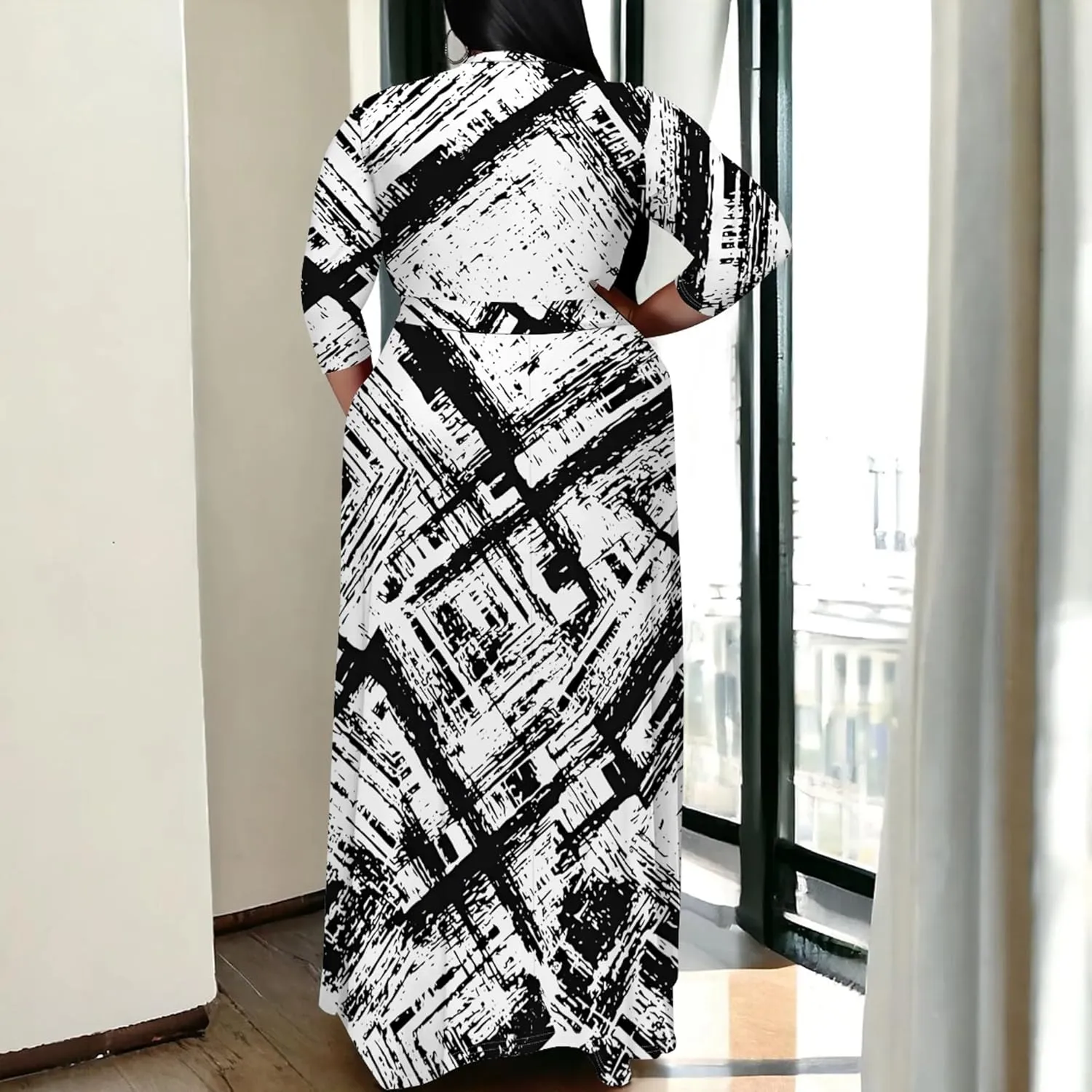 Women's Plus Size Maxi Dress Print 3/4 Sleeves V Neck Party Sundress Wedding Guest Dresses