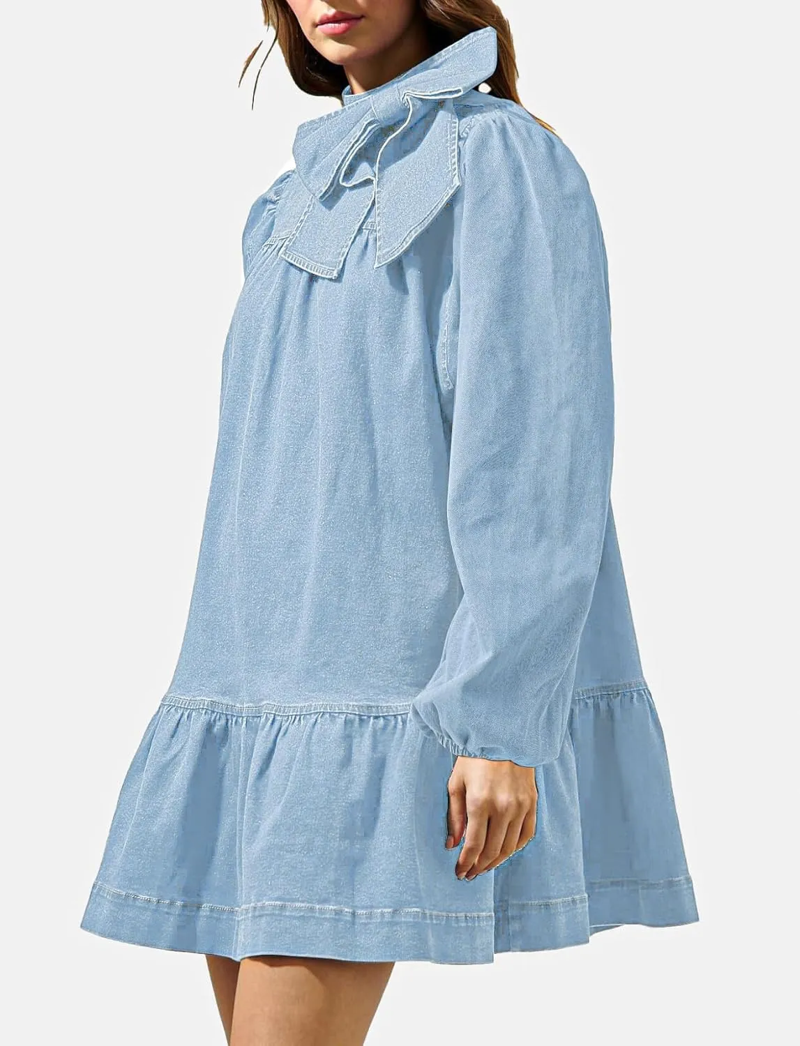 Women's Puff Long Sleeve Denim Dress Ruffle Mock Neck Tiered Mini Babydoll Dress Casual Flowy Swing Jean Dresses