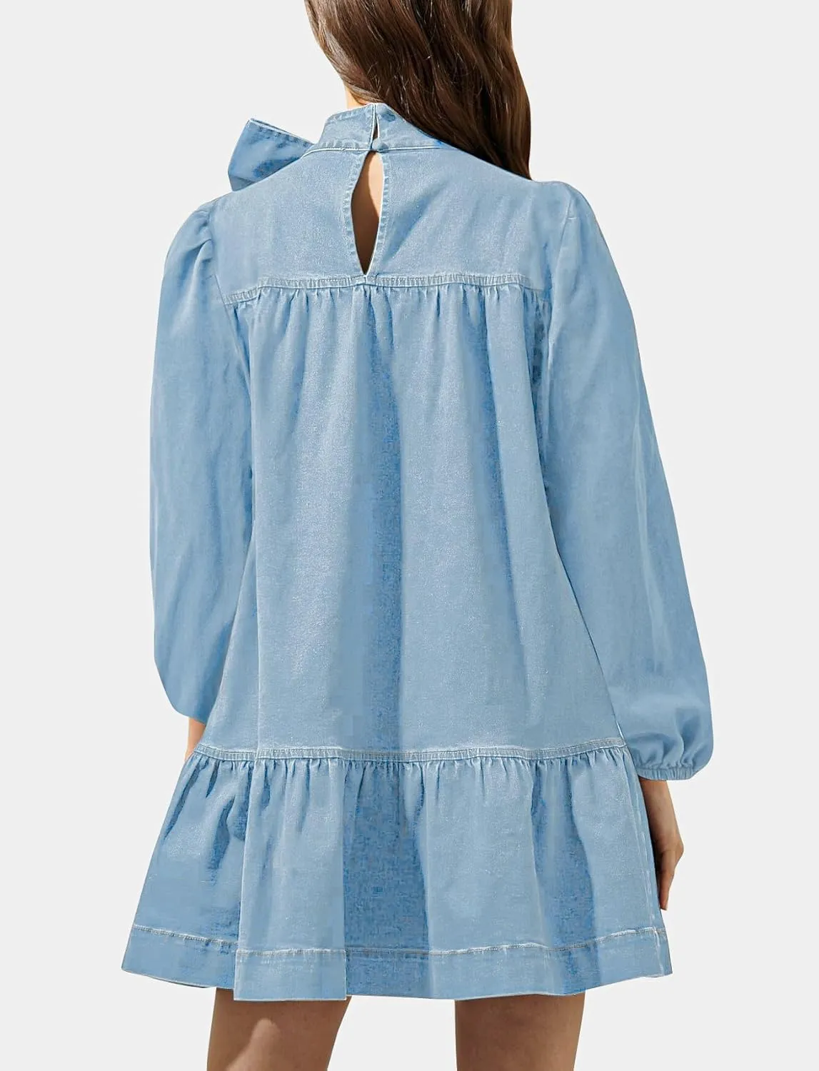 Women's Puff Long Sleeve Denim Dress Ruffle Mock Neck Tiered Mini Babydoll Dress Casual Flowy Swing Jean Dresses