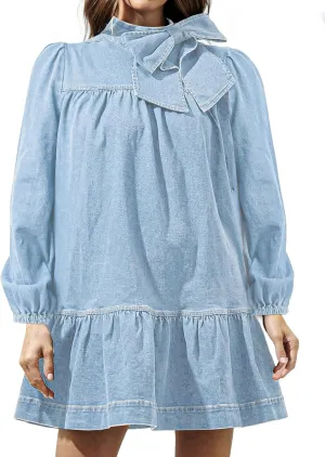 Women's Puff Long Sleeve Denim Dress Ruffle Mock Neck Tiered Mini Babydoll Dress Casual Flowy Swing Jean Dresses