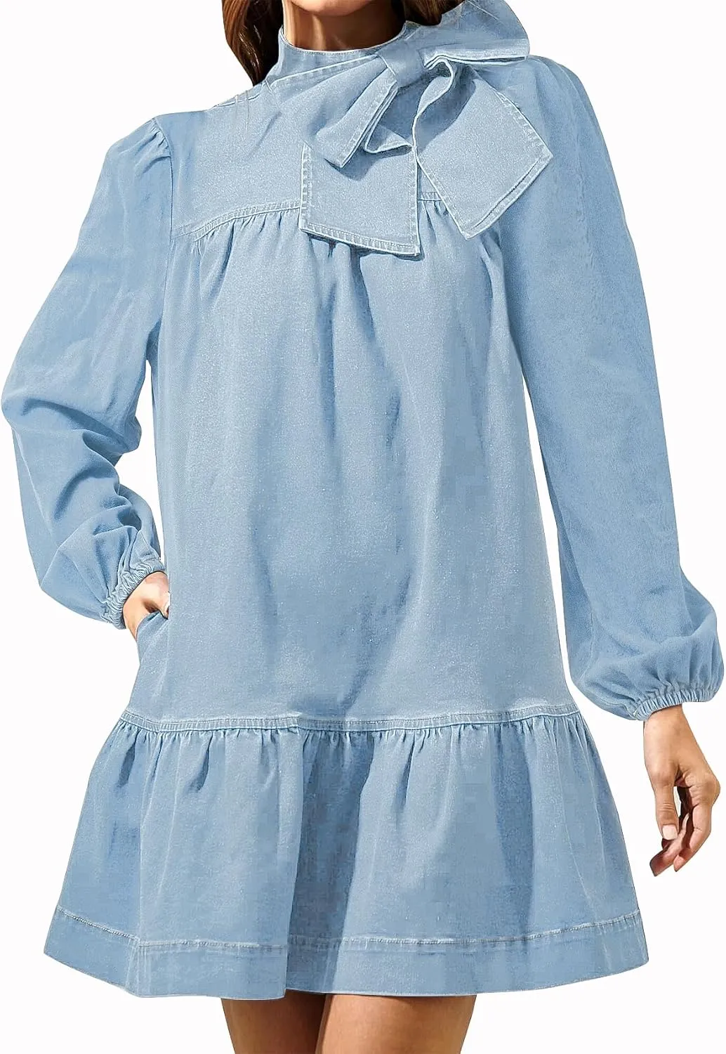 Women's Puff Long Sleeve Denim Dress Ruffle Mock Neck Tiered Mini Babydoll Dress Casual Flowy Swing Jean Dresses