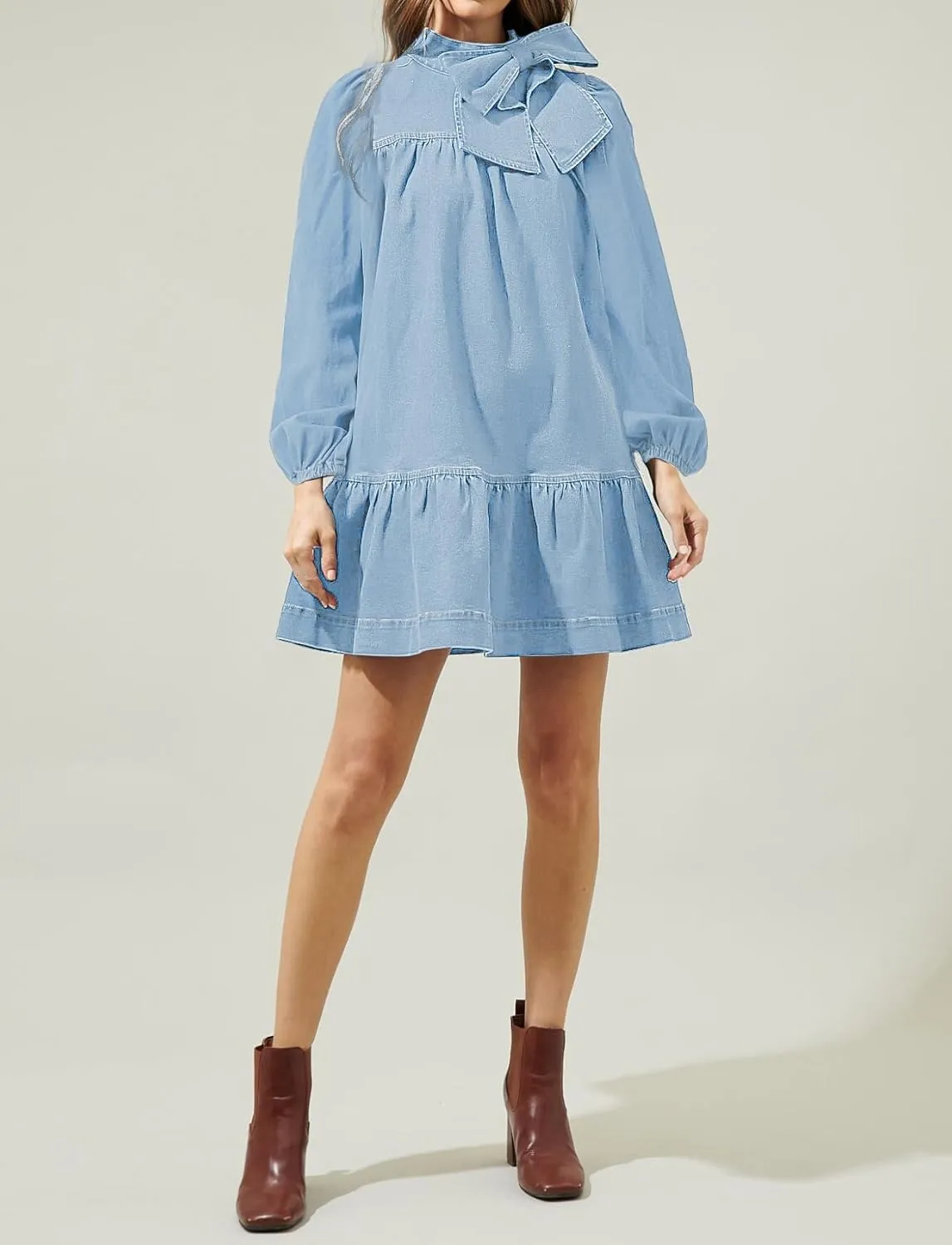 Women's Puff Long Sleeve Denim Dress Ruffle Mock Neck Tiered Mini Babydoll Dress Casual Flowy Swing Jean Dresses