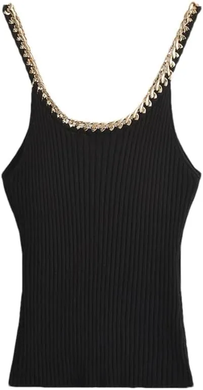 Women's Ribbed Knit Chain V Neck Camisole