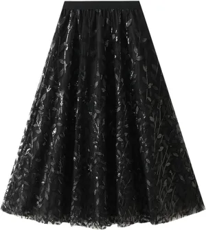 Women's Sequin Embroidered Tulle Skirt High Waist A-Line Tulle Midi Skirts Casual Party Clothes