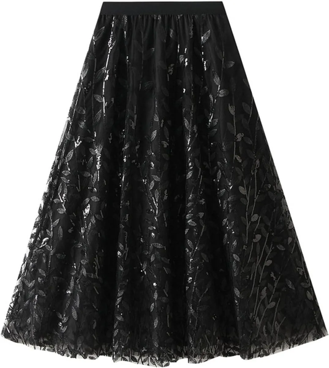 Women's Sequin Embroidered Tulle Skirt High Waist A-Line Tulle Midi Skirts Casual Party Clothes