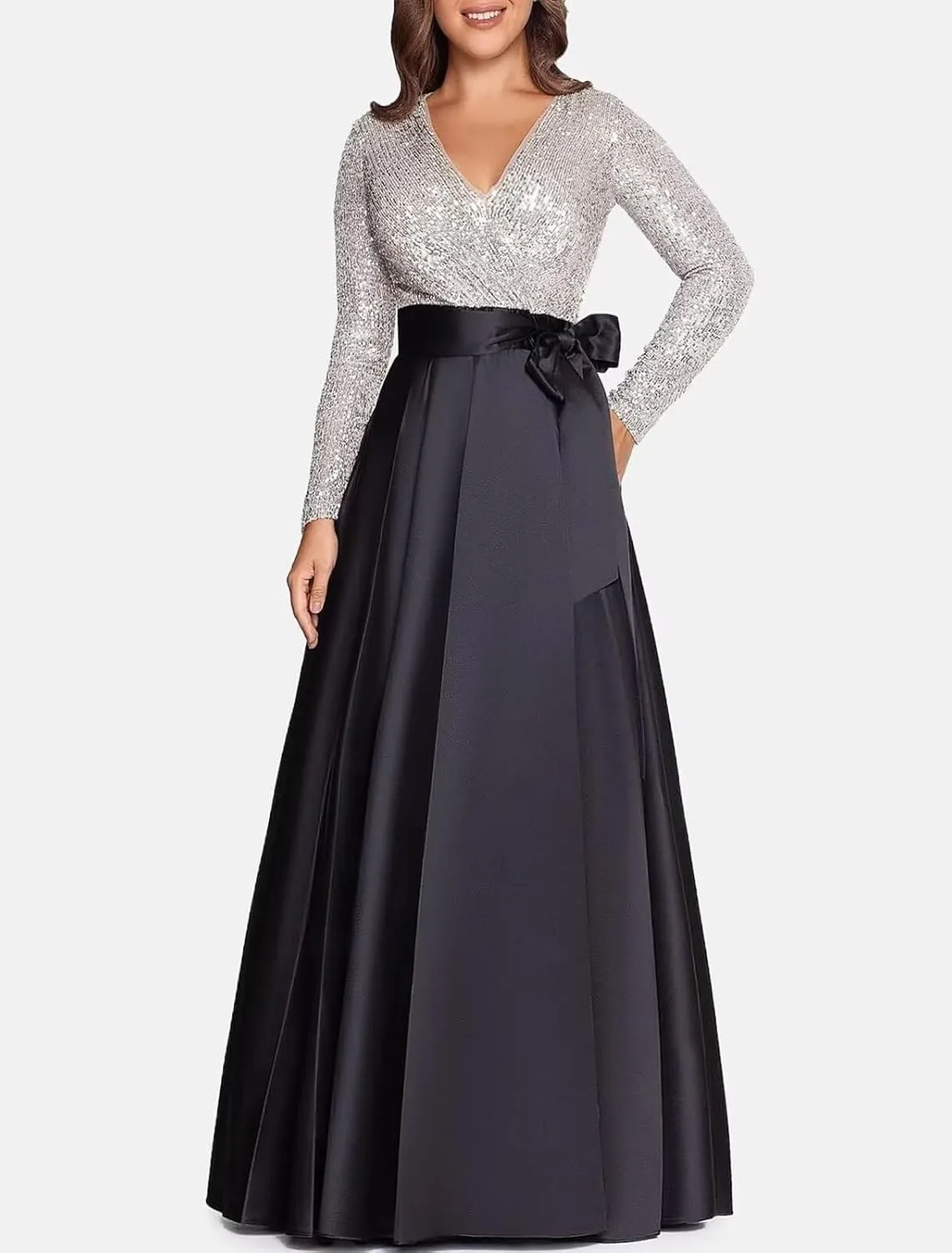 Women's Sequin Long Sleeves Evening Dress Long Satin Prom Dress Elegant A Line Wedding Guest Dress with Pockets