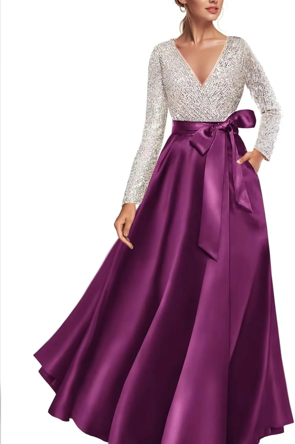 Women's Sequin Long Sleeves Evening Dress Long Satin Prom Dress Elegant A Line Wedding Guest Dress with Pockets