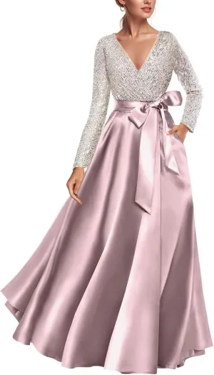 Women's Sequin Long Sleeves Evening Dress Long Satin Prom Dress Elegant A Line Wedding Guest Dress with Pockets