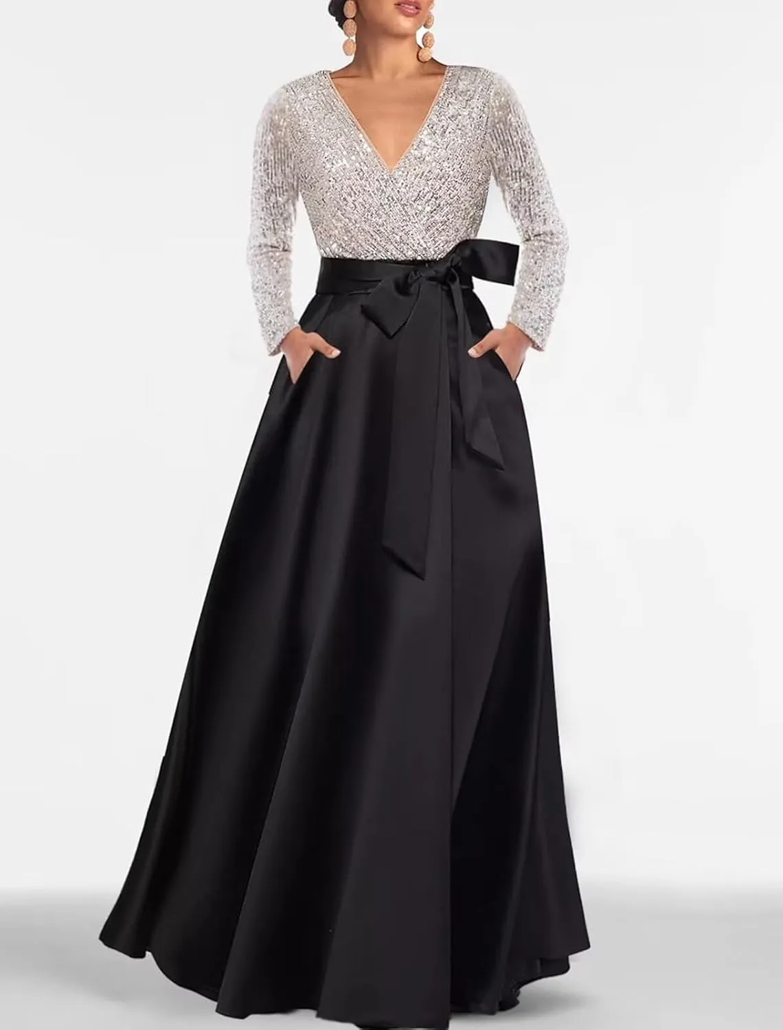 Women's Sequin Long Sleeves Evening Dress Long Satin Prom Dress Elegant A Line Wedding Guest Dress with Pockets