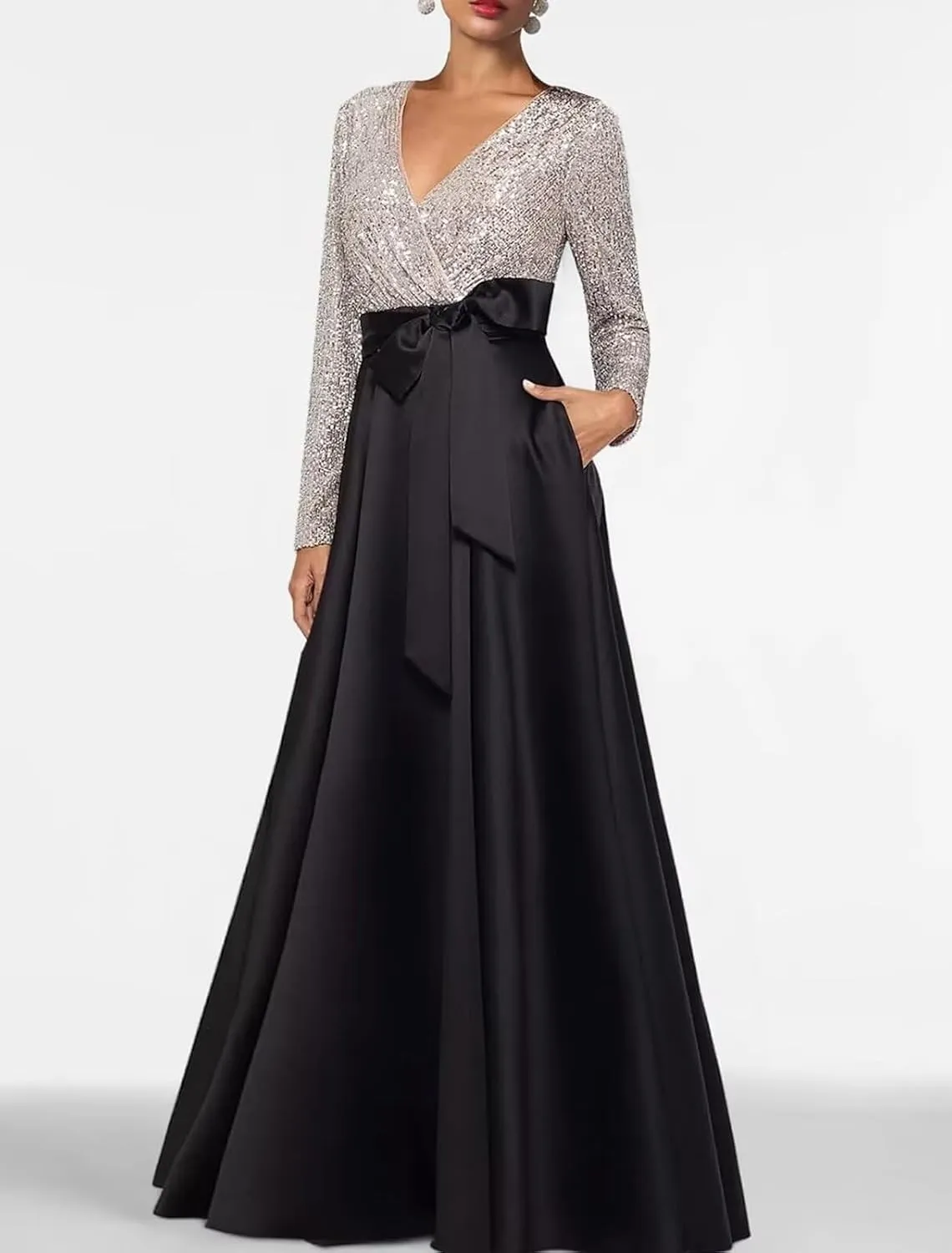 Women's Sequin Long Sleeves Evening Dress Long Satin Prom Dress Elegant A Line Wedding Guest Dress with Pockets