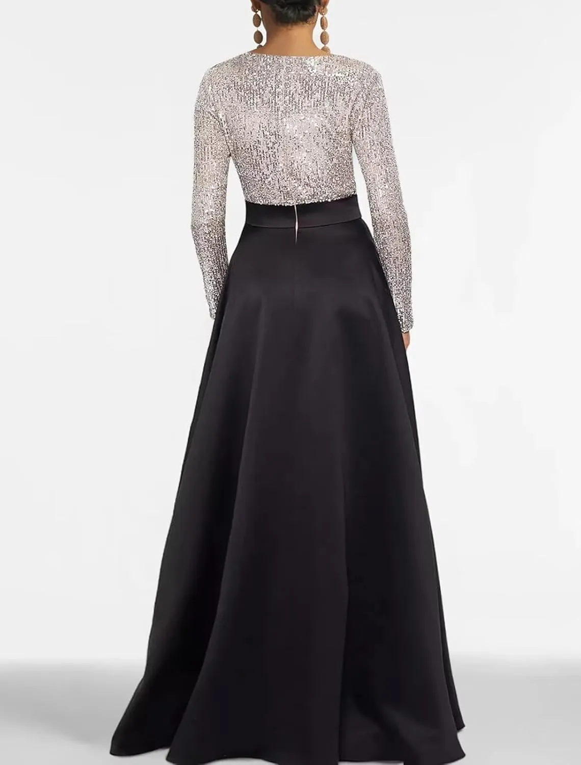 Women's Sequin Long Sleeves Evening Dress Long Satin Prom Dress Elegant A Line Wedding Guest Dress with Pockets