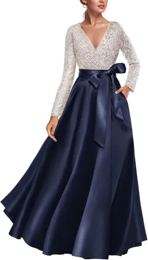 Women's Sequin Long Sleeves Evening Dress Long Satin Prom Dress Elegant A Line Wedding Guest Dress with Pockets