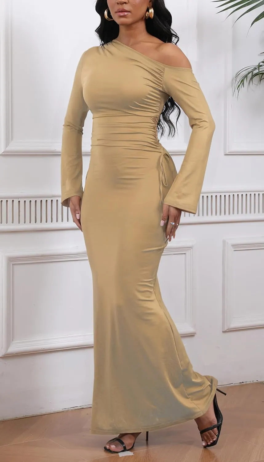 Women's Sexy Bodycon One Shoulder Long Sleeve Ruffle Maxi Club Party Cocktail Long Dress