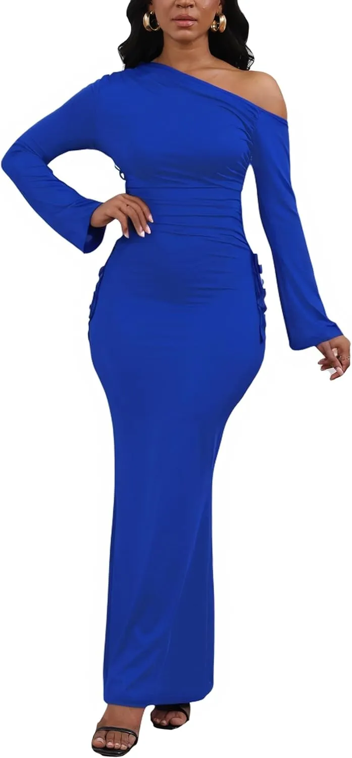 Women's Sexy Bodycon One Shoulder Long Sleeve Ruffle Maxi Club Party Cocktail Long Dress