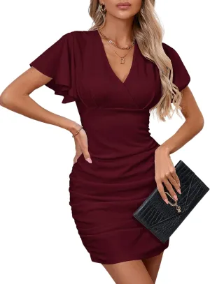 Women's Sexy V Neck Ruffle Sleeve Bodycon Mini Cocktail Party Dress Casual Short Sleeve Work Dress