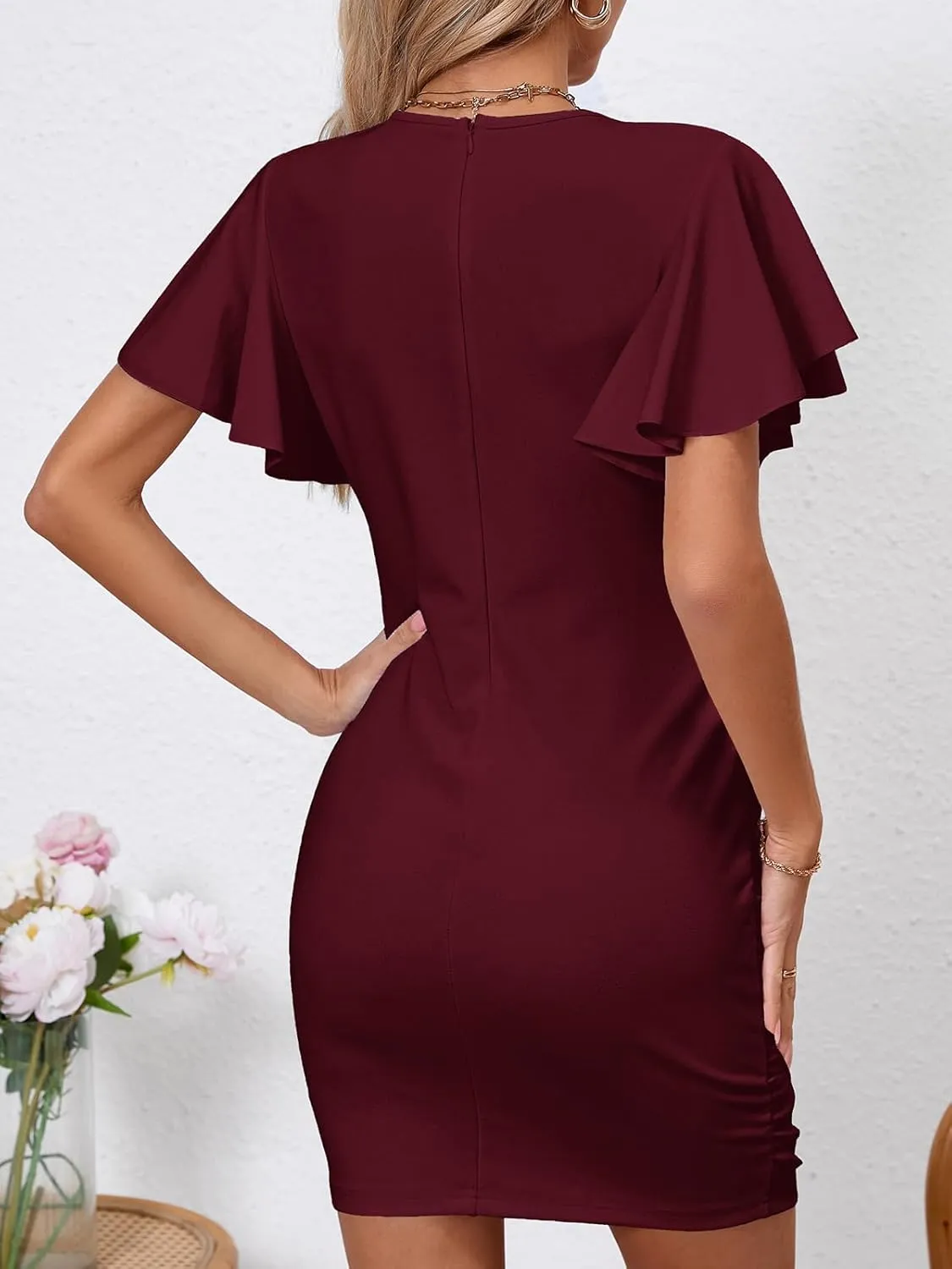 Women's Sexy V Neck Ruffle Sleeve Bodycon Mini Cocktail Party Dress Casual Short Sleeve Work Dress