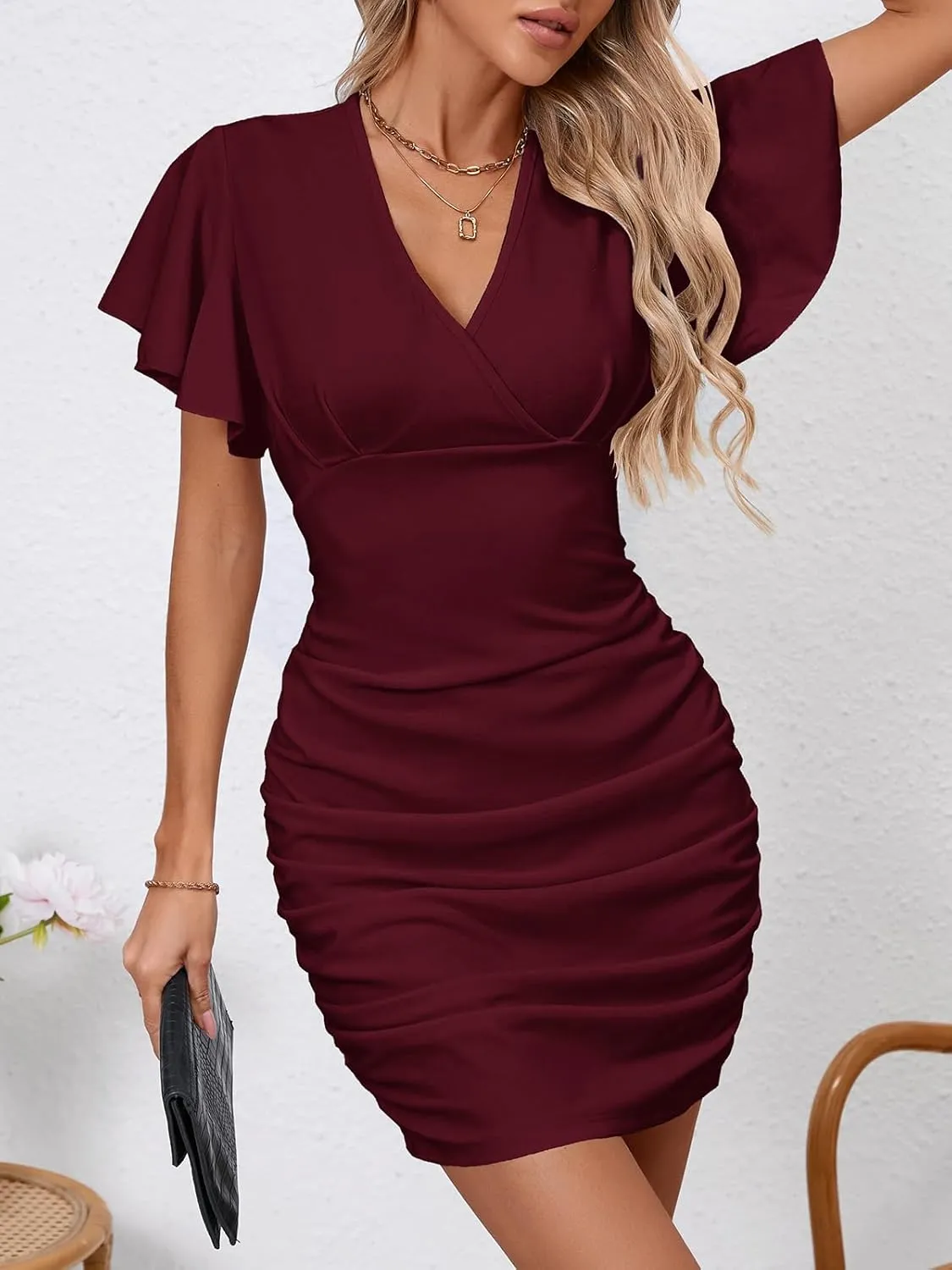 Women's Sexy V Neck Ruffle Sleeve Bodycon Mini Cocktail Party Dress Casual Short Sleeve Work Dress