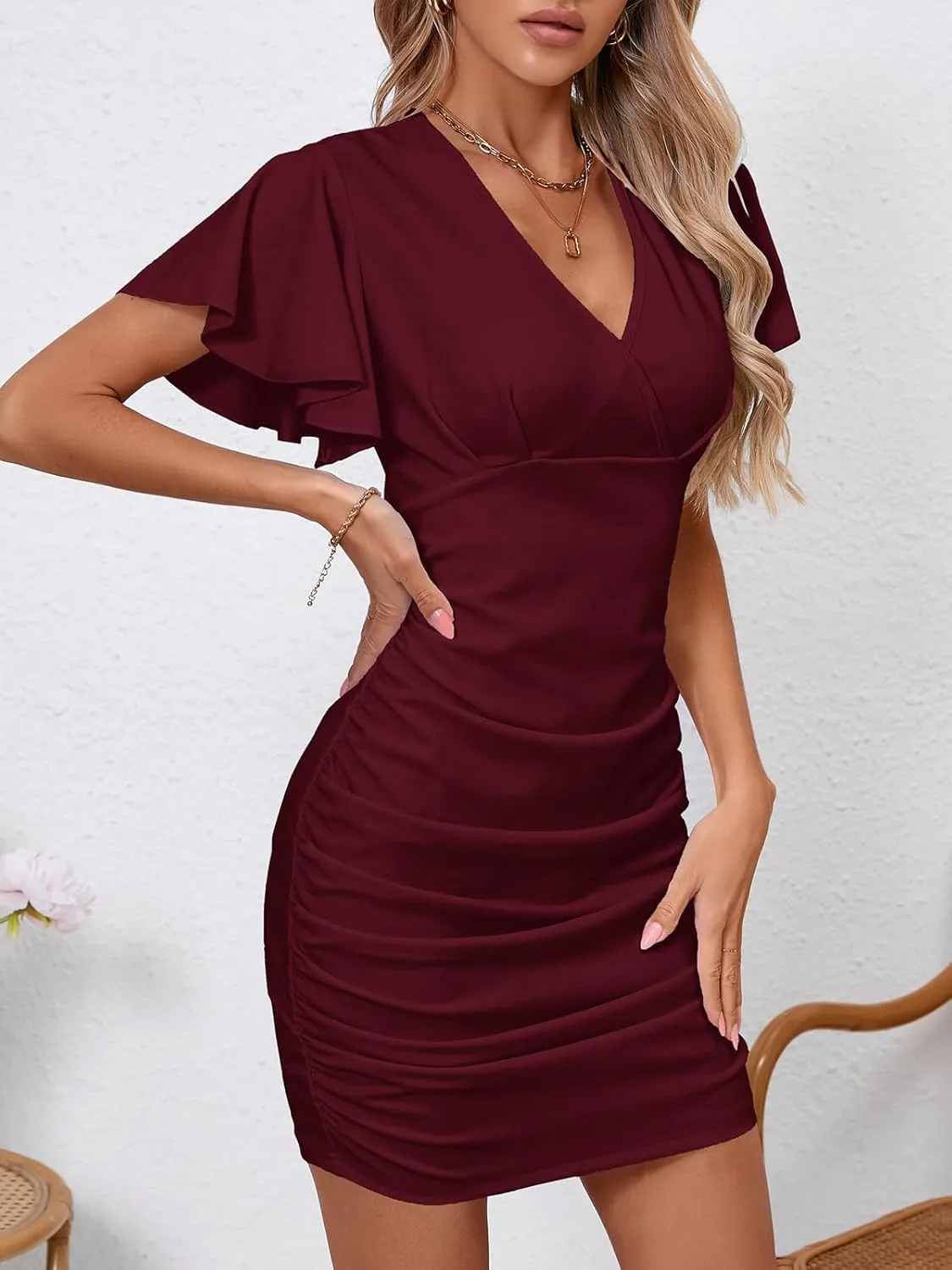 Women's Sexy V Neck Ruffle Sleeve Bodycon Mini Cocktail Party Dress Casual Short Sleeve Work Dress