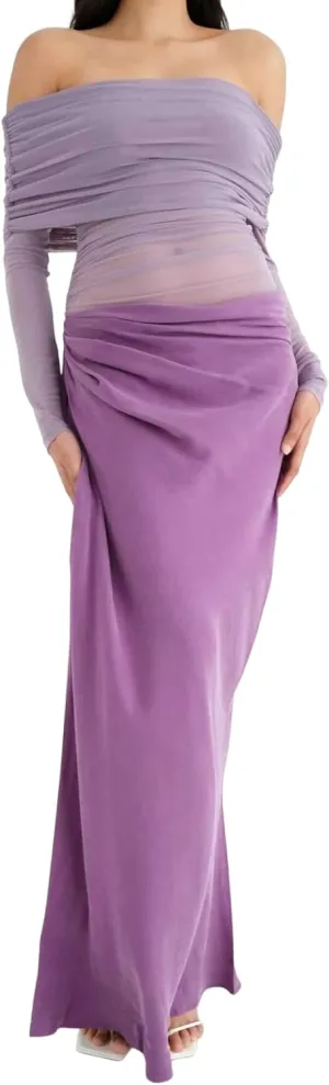 Women's Sheer Mesh Off Shoulder Maxi Dress Y2K Bodycon Gown for Club Party Wedding Evening Outfits