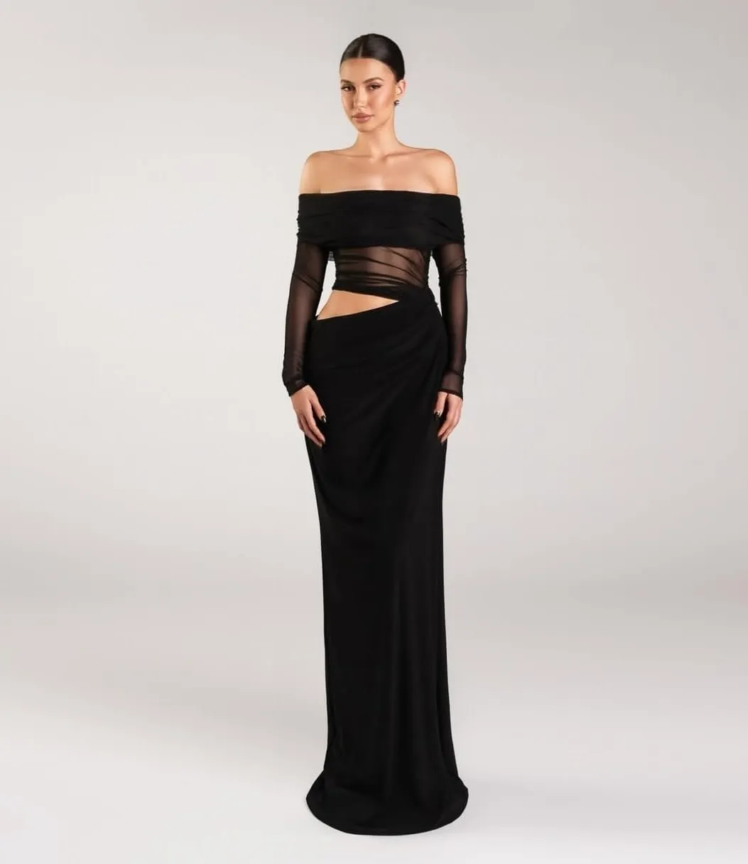 Women's Sheer Mesh Off Shoulder Maxi Dress Y2K Bodycon Gown for Club Party Wedding Evening Outfits