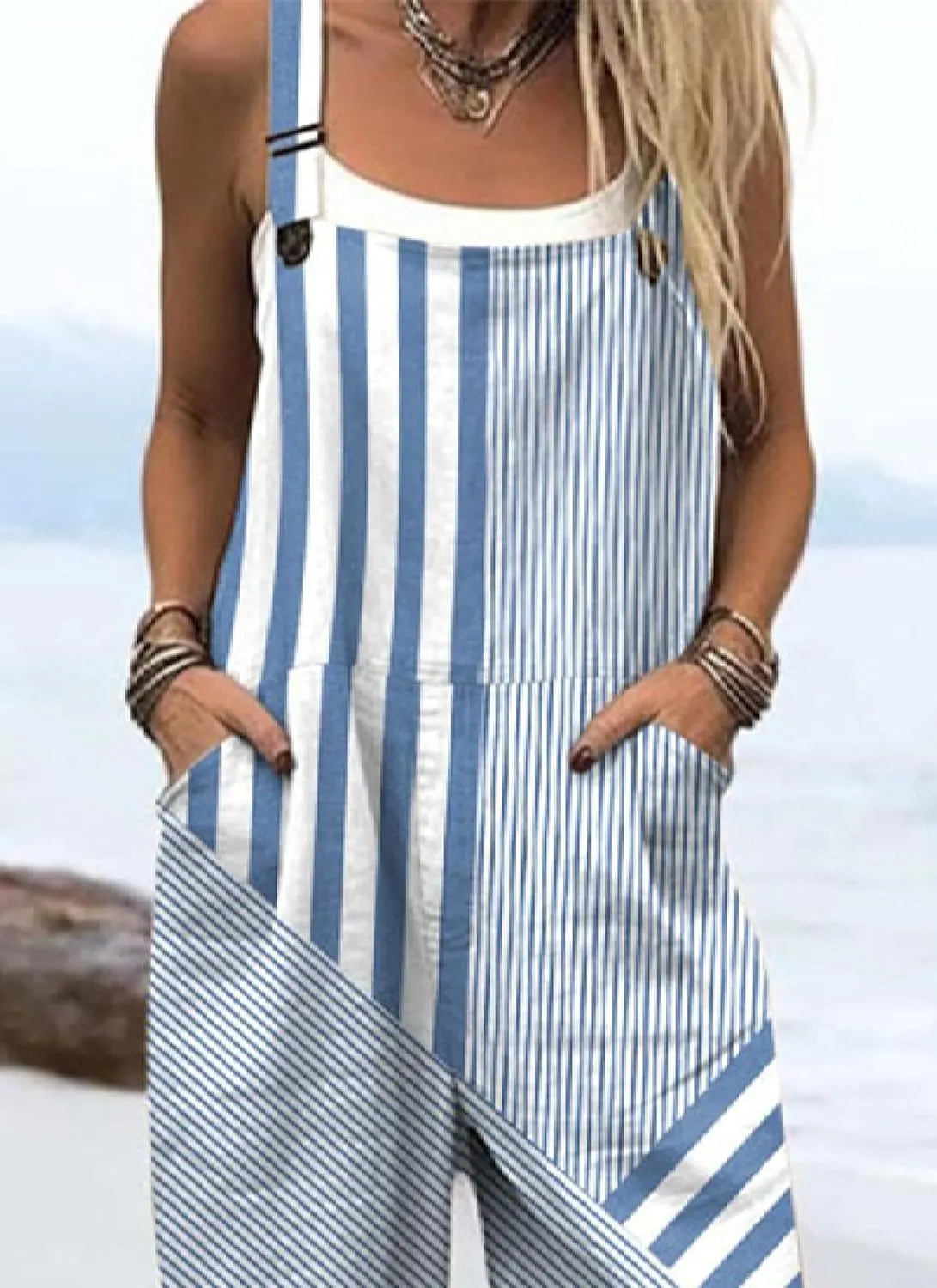Womens Sleeveless Striped Jumpsuit Casual Suspenders With Side Pockets 2025 Spring And Summer Loose Jumpsuit