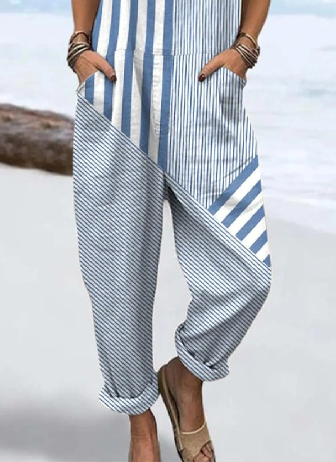 Womens Sleeveless Striped Jumpsuit Casual Suspenders With Side Pockets 2025 Spring And Summer Loose Jumpsuit
