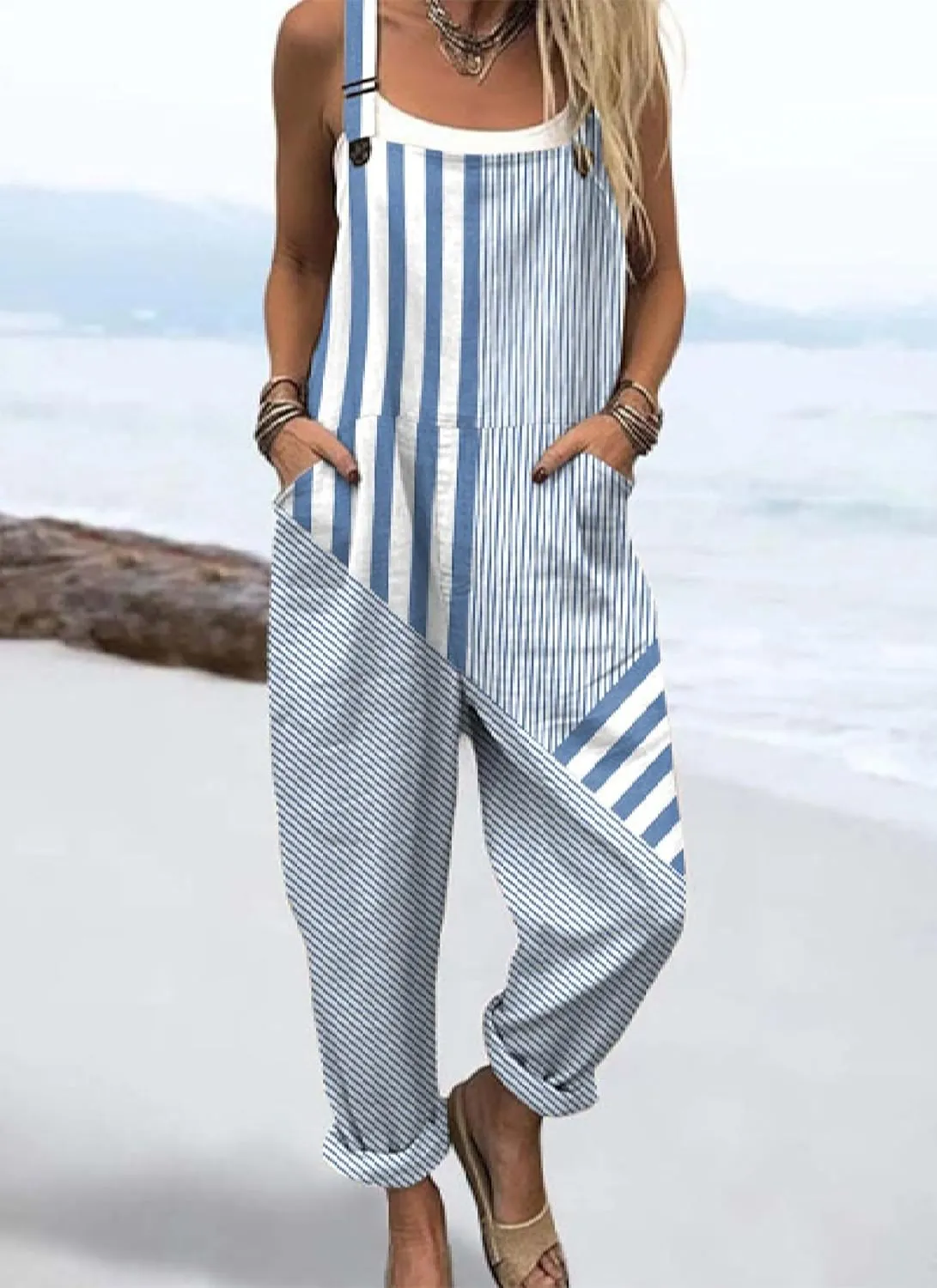 Womens Sleeveless Striped Jumpsuit Casual Suspenders With Side Pockets 2025 Spring And Summer Loose Jumpsuit
