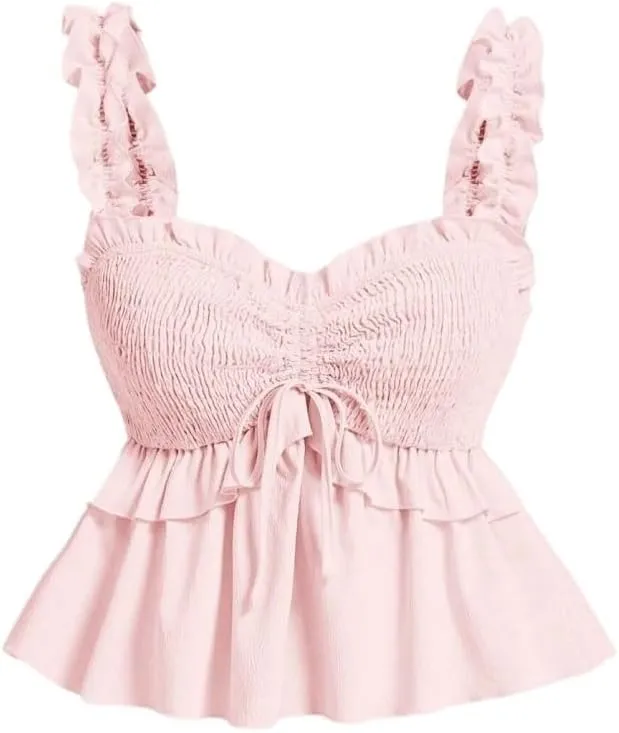 Womens Solid Color Drawstring Pleated Ruffle Hem Camisole Top Cami T Shirts for Women