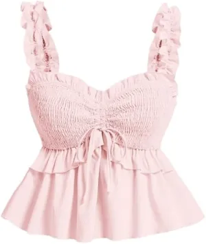 Womens Solid Color Drawstring Pleated Ruffle Hem Camisole Top Cami T Shirts for Women