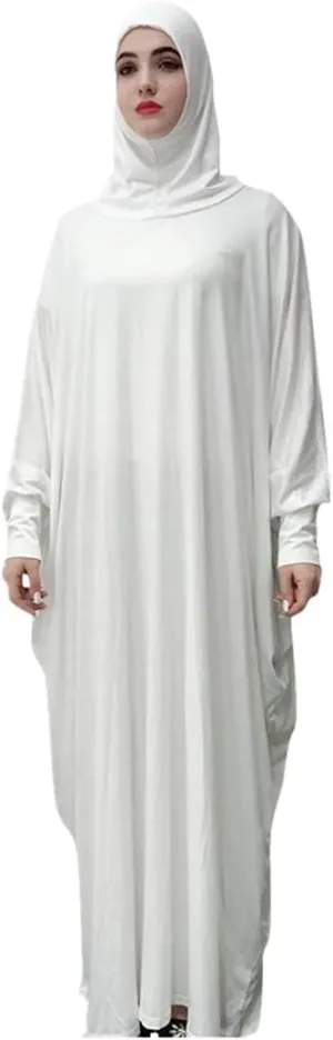 Women's Solid Muslim One-Piece Prayer Dress Abaya Kaftan with Hijab Full Length Dress