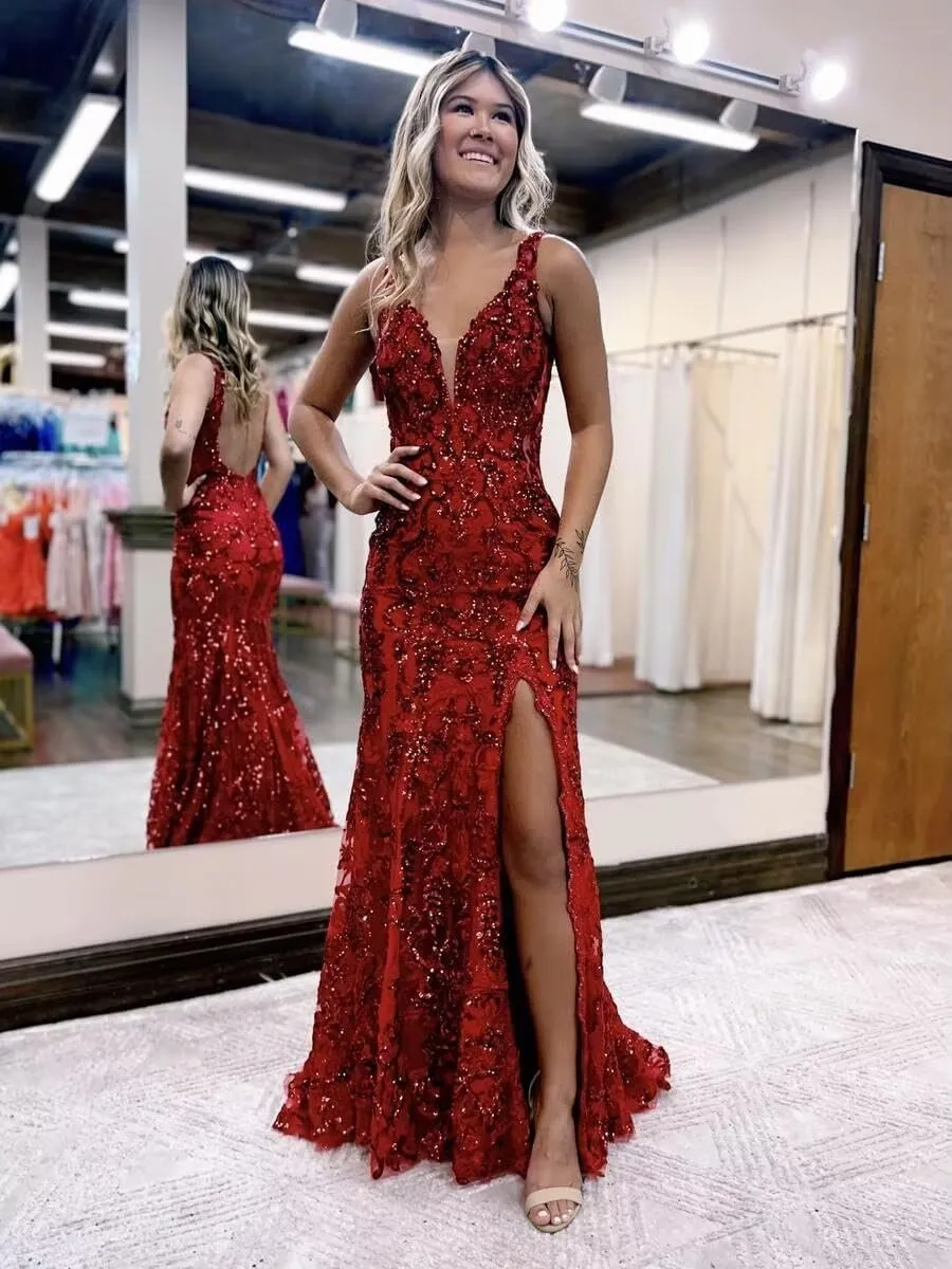 Women's Sparkly Sequin Mermaid Prom Dress V Neck Long Formal Evening Party Gowns