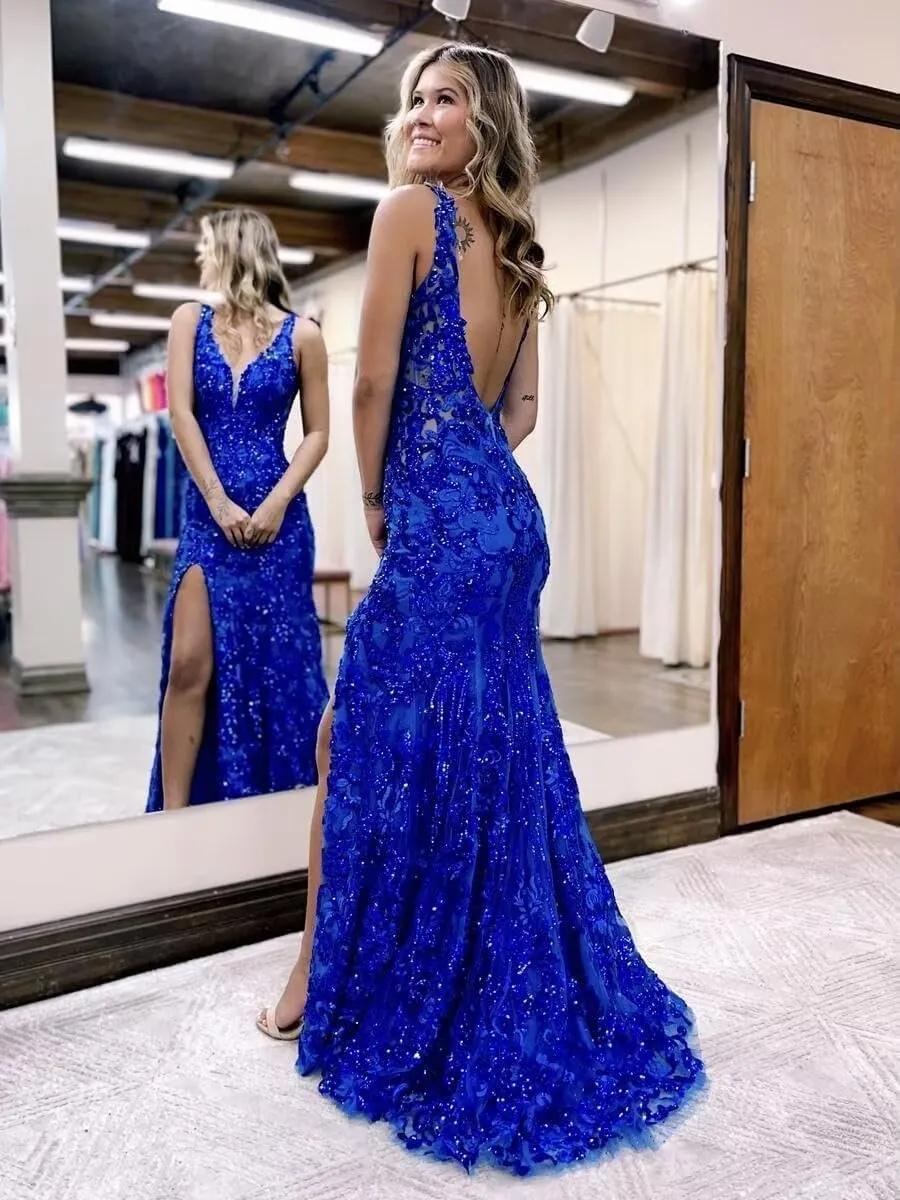 Women's Sparkly Sequin Mermaid Prom Dress V Neck Long Formal Evening Party Gowns
