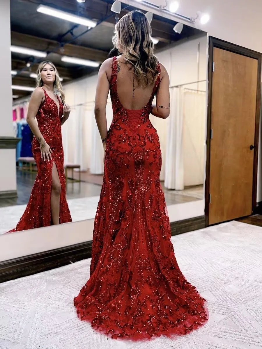 Women's Sparkly Sequin Mermaid Prom Dress V Neck Long Formal Evening Party Gowns