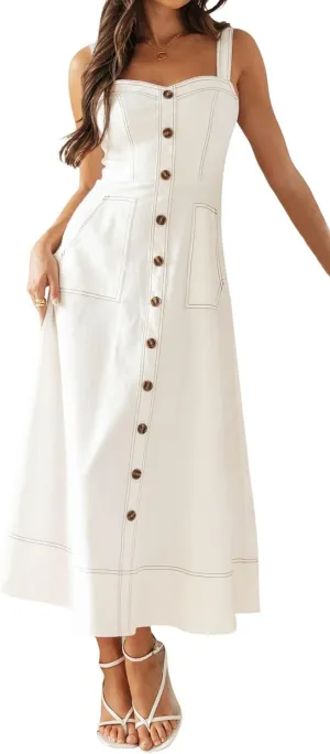 Women's Summer Adjustable Strap Sleeveless Midi Denim Dress Button Down A-Line Swing Flowy Jean Dress