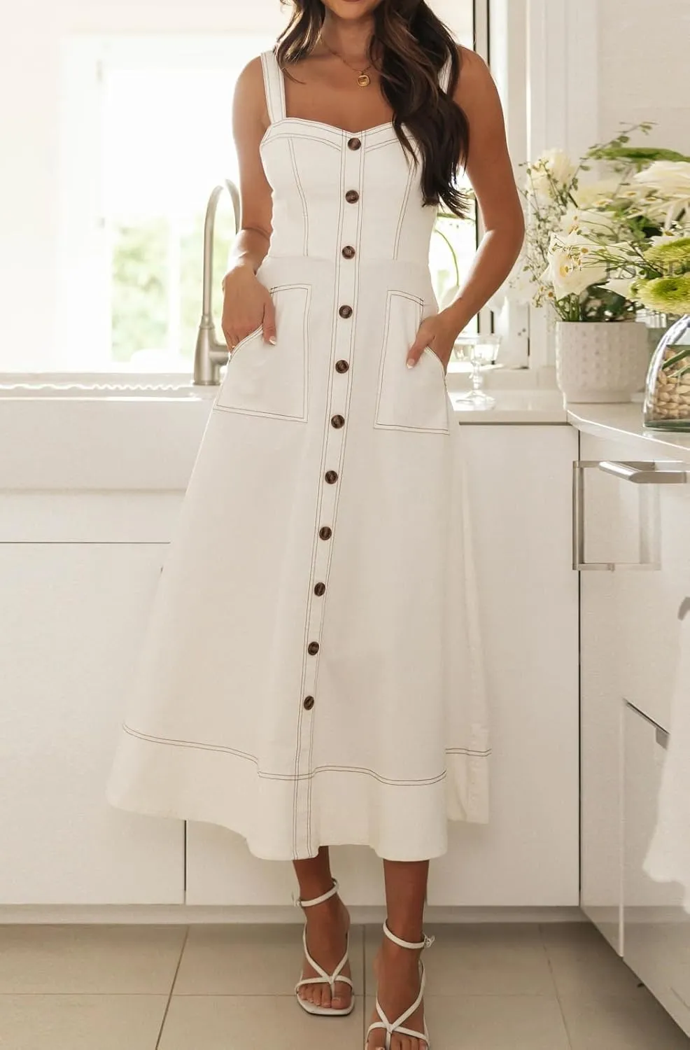Women's Summer Adjustable Strap Sleeveless Midi Denim Dress Button Down A-Line Swing Flowy Jean Dress