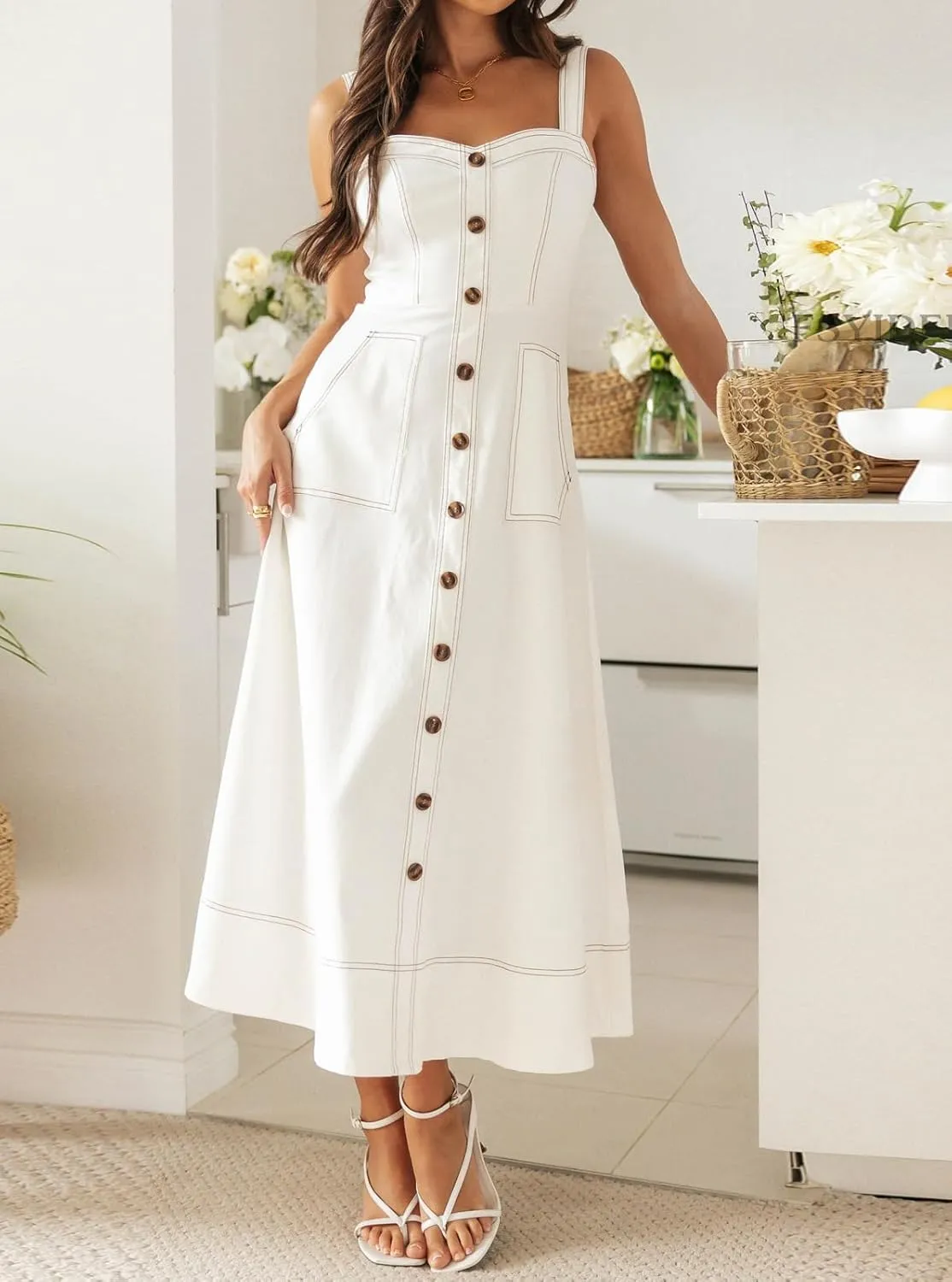 Women's Summer Adjustable Strap Sleeveless Midi Denim Dress Button Down A-Line Swing Flowy Jean Dress