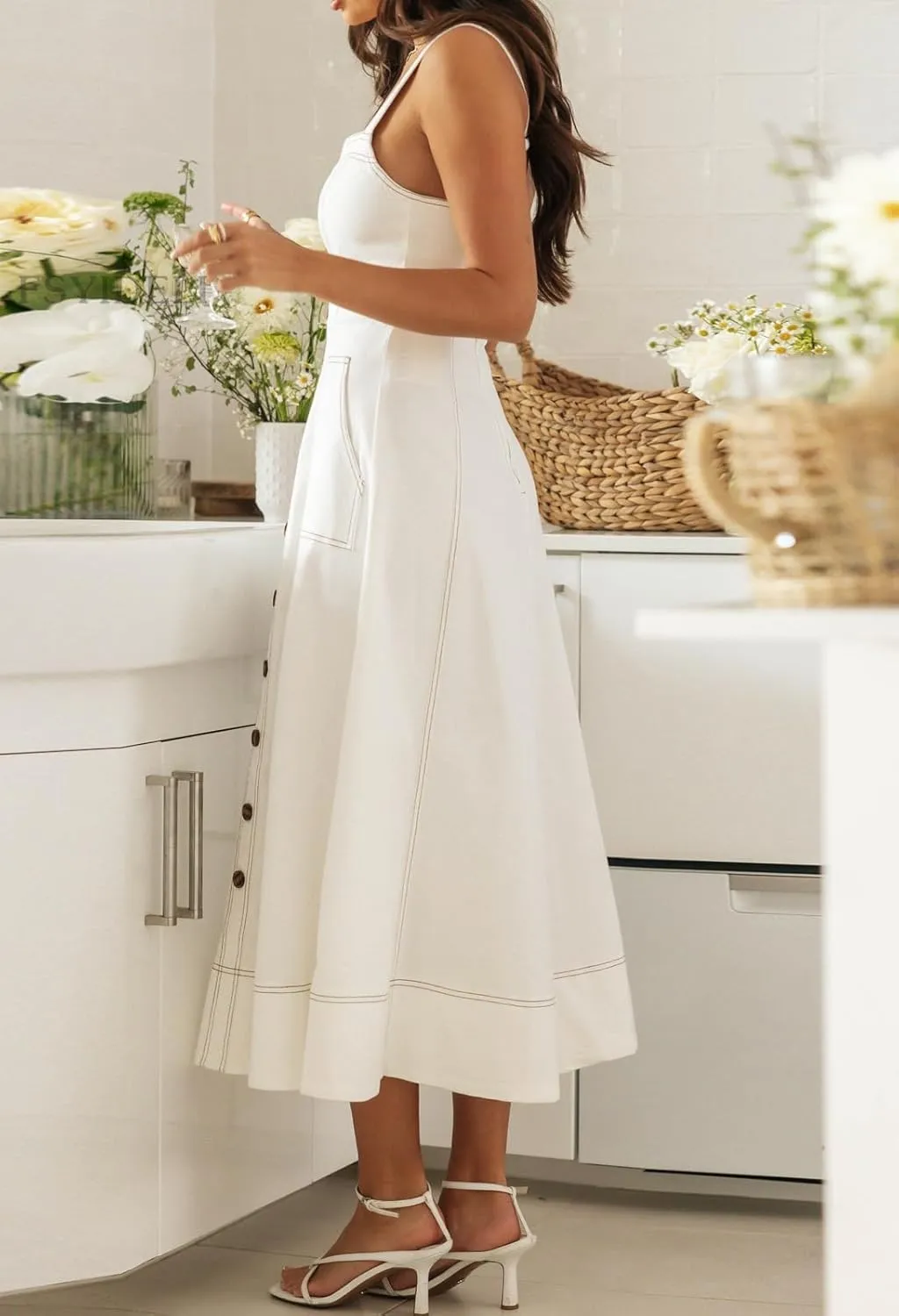 Women's Summer Adjustable Strap Sleeveless Midi Denim Dress Button Down A-Line Swing Flowy Jean Dress