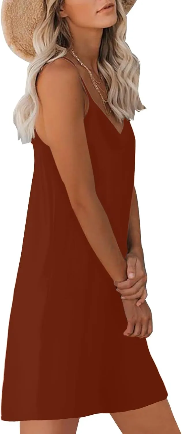Women's Summer Casual Sleeveless Mini Dress Loose Spaghetti Strap Beach Dresses with Pockets