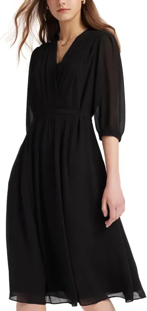 Women's Summer Dress 3/4 Sleeve Casual Boho V-Neck Pleated Lace Up Wrap Flowy Midi Dress Wedding Guest Dresses