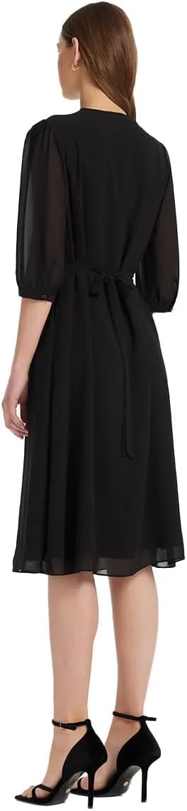 Women's Summer Dress 3/4 Sleeve Casual Boho V-Neck Pleated Lace Up Wrap Flowy Midi Dress Wedding Guest Dresses
