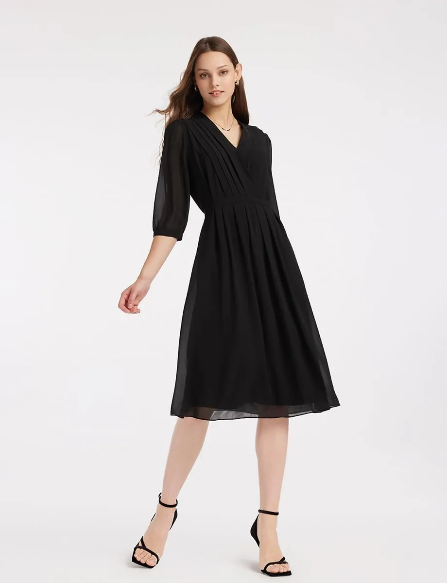 Women's Summer Dress 3/4 Sleeve Casual Boho V-Neck Pleated Lace Up Wrap Flowy Midi Dress Wedding Guest Dresses