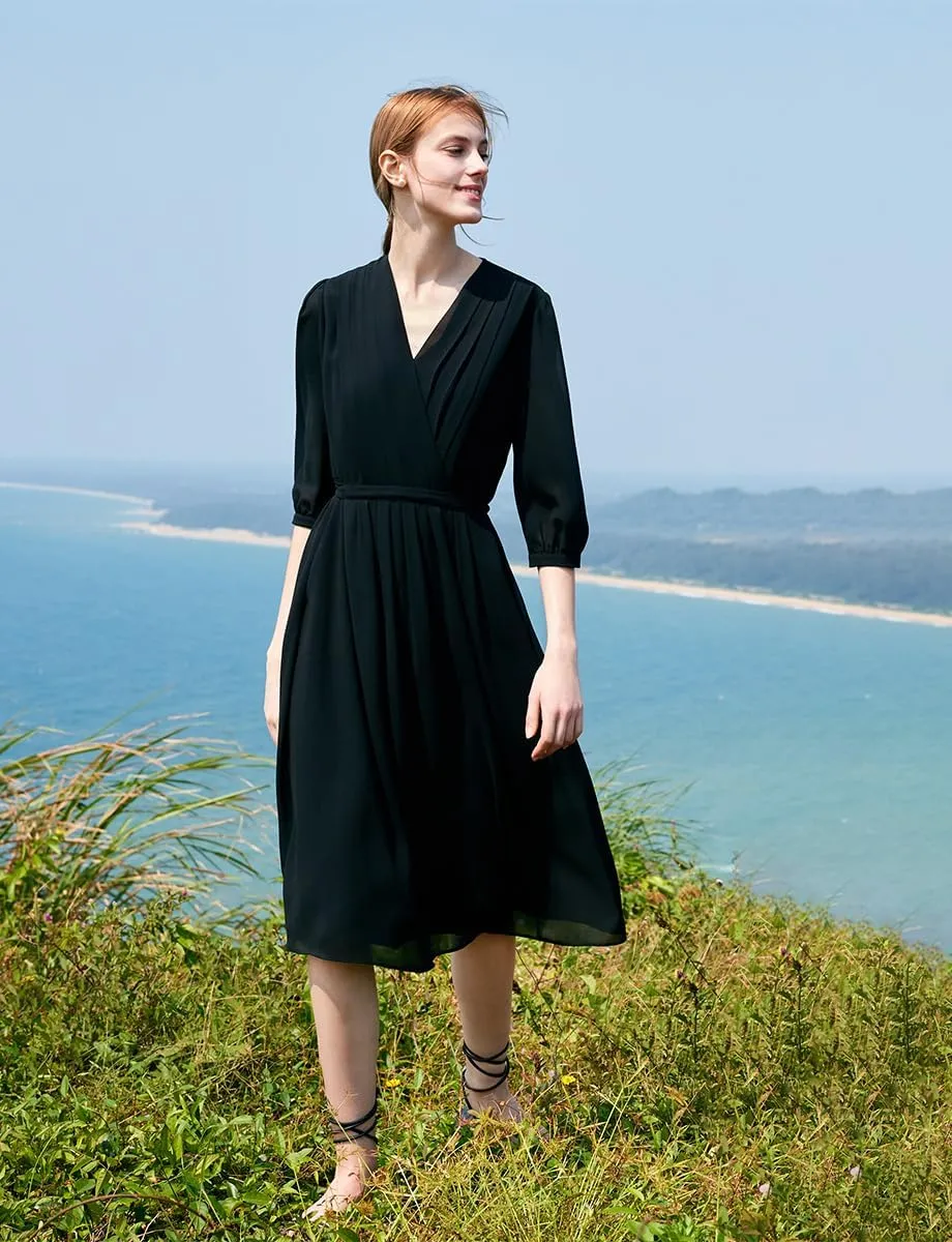 Women's Summer Dress 3/4 Sleeve Casual Boho V-Neck Pleated Lace Up Wrap Flowy Midi Dress Wedding Guest Dresses