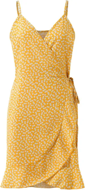 Women's Summer Floral Adjustable Strap Wrap V Neck Tie Knot Ruffle Hem Mini Cami Dress