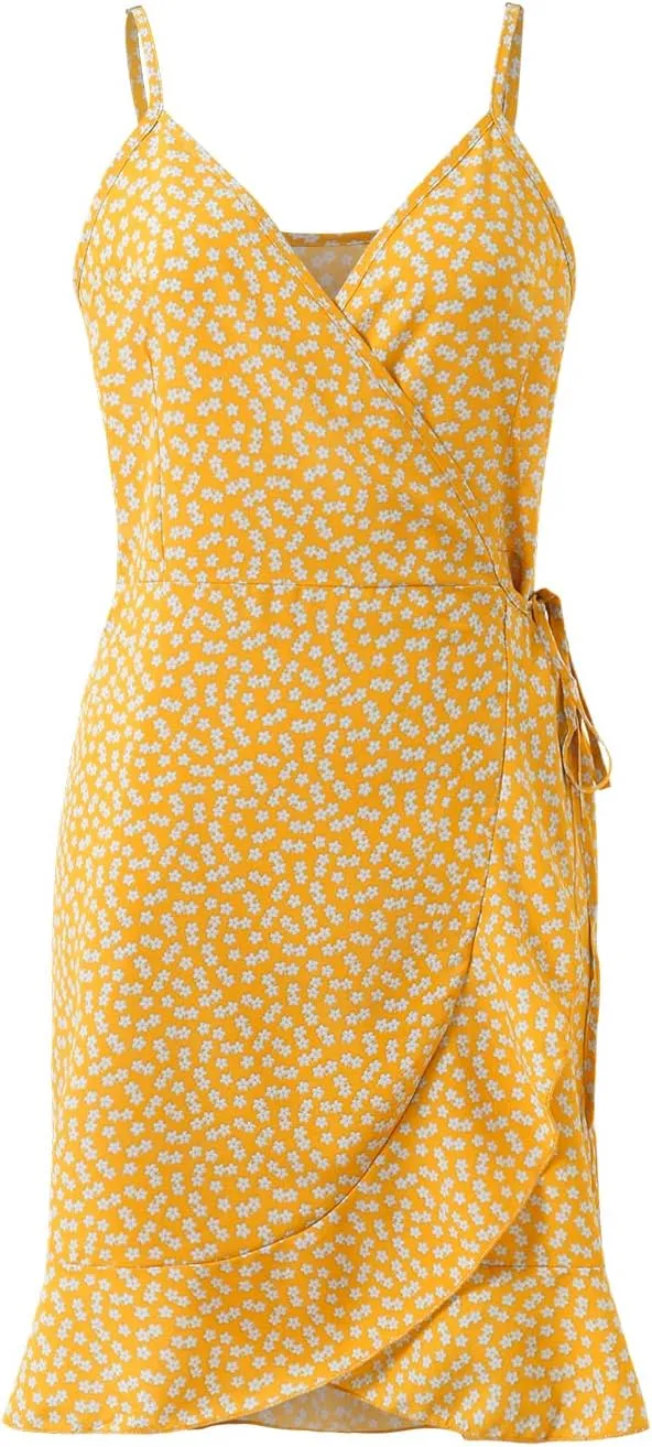 Women's Summer Floral Adjustable Strap Wrap V Neck Tie Knot Ruffle Hem Mini Cami Dress