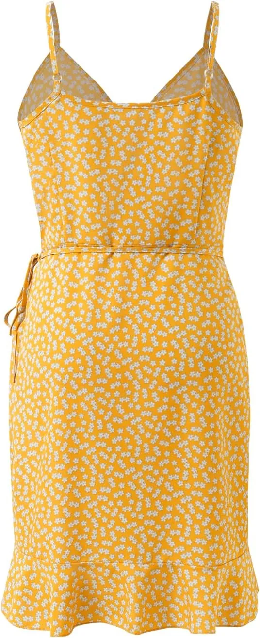 Women's Summer Floral Adjustable Strap Wrap V Neck Tie Knot Ruffle Hem Mini Cami Dress