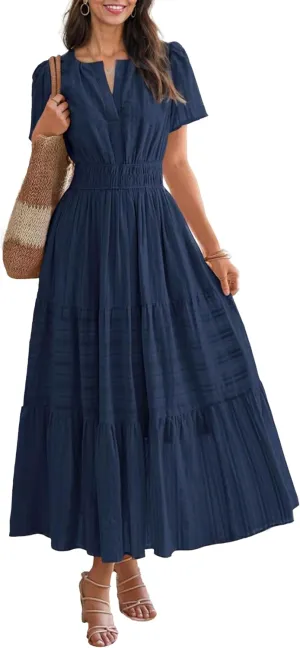 Womens Summer Midi Maxi Dresses Casual V Neck Short Sleeve Flowy A Line Boho Beach Dress with Pockets