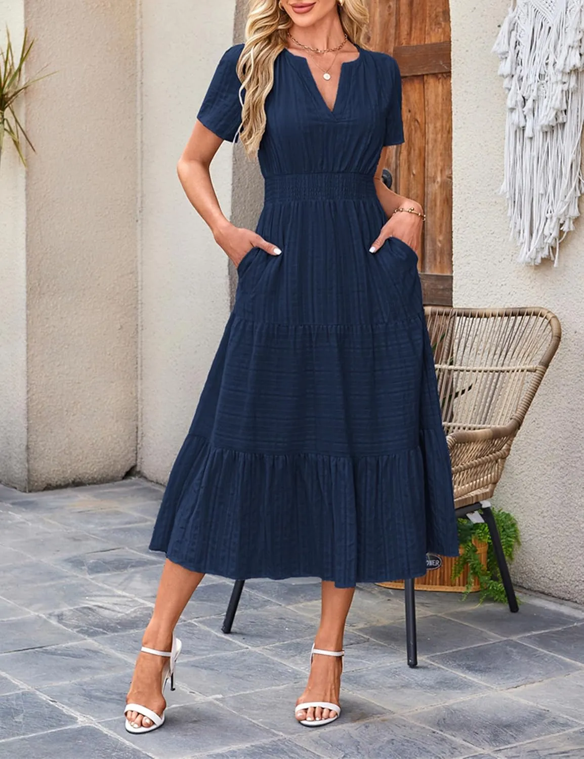 Womens Summer Midi Maxi Dresses Casual V Neck Short Sleeve Flowy A Line Boho Beach Dress with Pockets