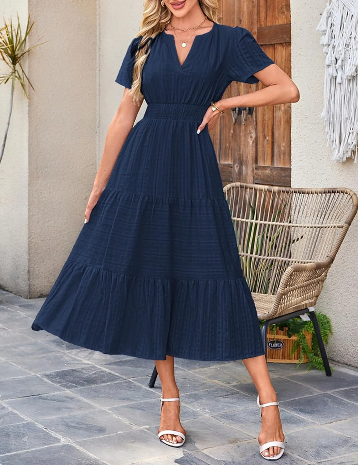 Womens Summer Midi Maxi Dresses Casual V Neck Short Sleeve Flowy A Line Boho Beach Dress with Pockets