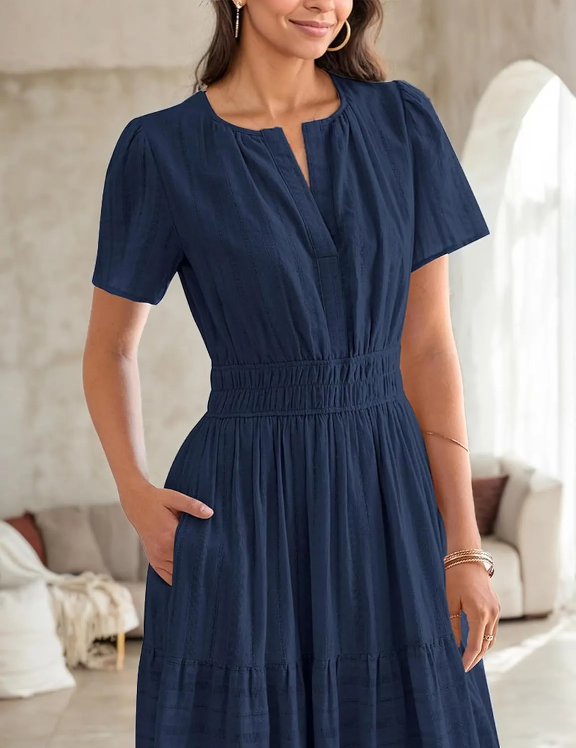Womens Summer Midi Maxi Dresses Casual V Neck Short Sleeve Flowy A Line Boho Beach Dress with Pockets